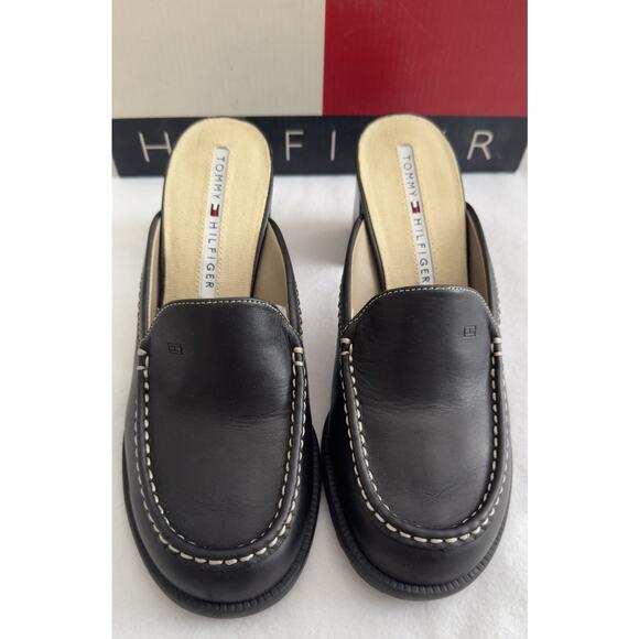 Vintage Y2K Tommy Hilfiger SlipOn Black Leather Chunky Block Heel Shoes W/Box 7M - Picture 5 of 9